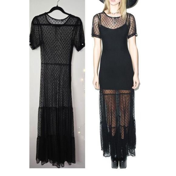 FOR LOVE & LEMONS Lil Darlin Maxi Swiss Dot Sheer Black Dress Overlay Medium - Picture 1 of 13